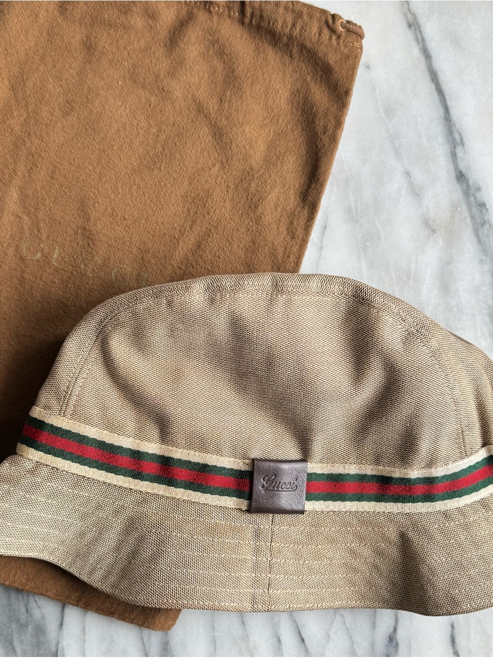 Gucci Beige Canvas Bucket Hat with Green and Red Web Stripe